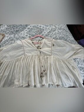 Boho Peasant Blouse in Cream with Tassel Tie
